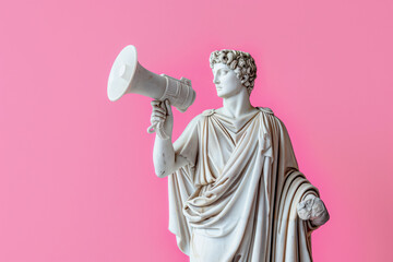 Classic marble statue holding megaphone against bright pink background in studio setting