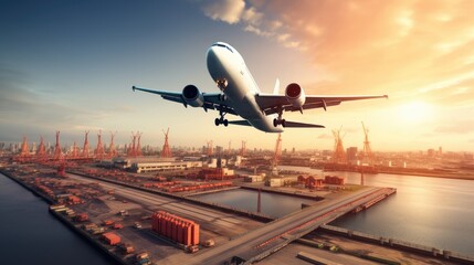airplane taking off from an airport near the sea at sunset