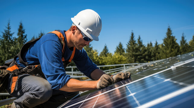 A solar panel installer wearing a hard hat and safety glasses works on a roof installing solar panels.