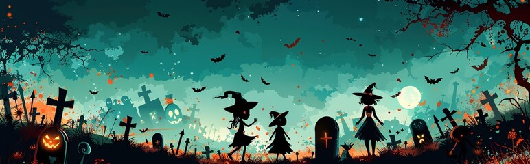 Halloween Night Scene with Silhouettes of Children and Men in a Cemetery Landscape with Trees, Bats, and Full Moon in Vector Illustration Style