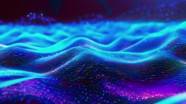 Tidal waves of blue digital symbols that rise and fall, creating the illusion of an information sea ebbing and flowing, 4K Glitter background High-Quality Animation Video