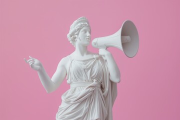 Classical statue with megaphone against pink background in studio lighting