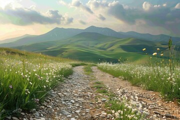 A road winds through a field of flowers and grass. The sky is cloudy, but the sun is still shining through. The scene is peaceful and serene