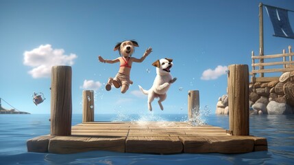 A photo of a 3D character participating in dock diving