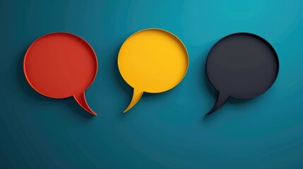 Three speech bubbles of different colors are displayed on a blue background. The bubbles are arranged in a row, with the yellow one in the middle and the red and black ones on either side