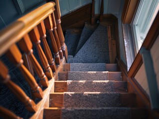 A staircase with wooden railings and a carpeted step. The stairs are dark and the light is coming in from the window - Powered by Adobe