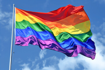 Vibrant rainbow flag waving against a blue sky. Generative AI image