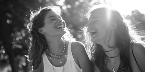 Two women are laughing and smiling at each other. They are wearing necklaces and one of them is wearing a white tank top