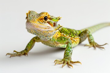 Green and Yellow Lizard on White Background