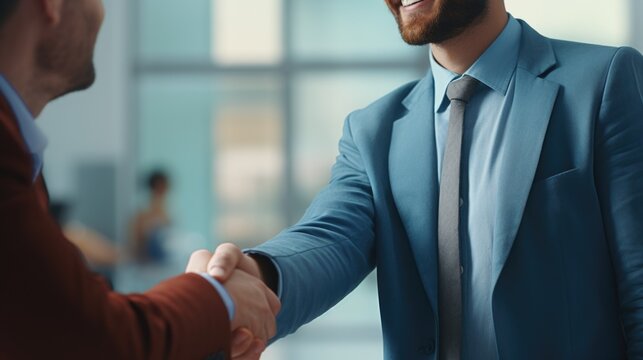 Two men shaking hands in a business setting. The man on the left is wearing a red jacket and the man on the right is wearing a blue suit