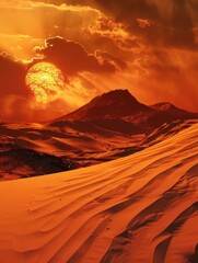 A desert landscape with a large mountain in the background and a sun in the sky. The sun is setting, casting a warm orange glow over the scene