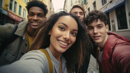 Fototapeta premium A group of young people are smiling for a picture. The girl in the middle is smiling the most