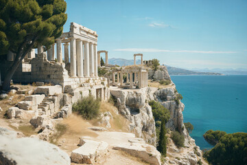 Ancient Greek temple ruins overlooking the sea. Generative AI image