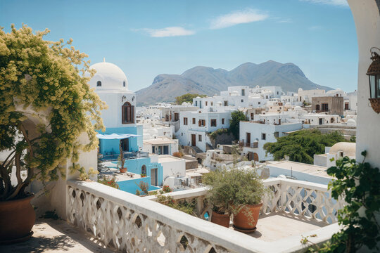 Serene Greek village with traditional white architecture. Generative AI image