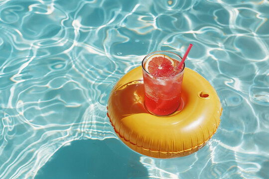Vibrant summer cocktail floating in swimming pool. Generative AI
