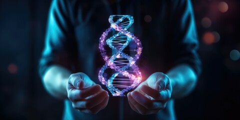 Abstract luminous DNA molecule. Scientist holding and cut dna for checking with analysis chromosome DNA genetic of human on virtual interface. Medical science and biotechno