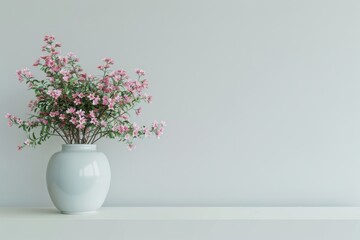 White Vase With Pink Flowers on White Shelf