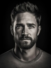 A man with a beard and a black shirt. The man has a serious look on his face