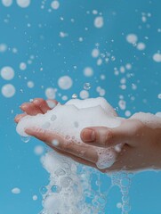 Fototapeta premium A hand is holding a lot of bubbles in a bathtub. The bubbles are white and the water is blue. Concept of relaxation and enjoyment, as the person is likely taking a bath to unwind and destress