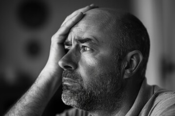 A man with a bald head is looking down and shaking his head. He is in a state of confusion or frustration