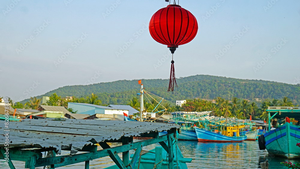 Poster colorful fisherman ships in the harbor of phu quoc