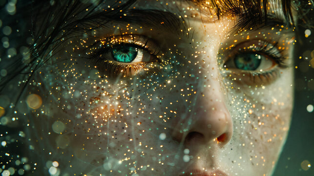 Human face blending with artificial intelligence, glowing patterns. Generative AI image