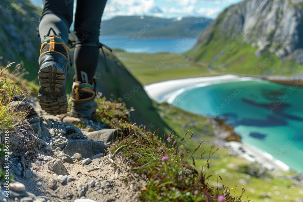 Poster a person is walking on a path near a body of water. the person is wearing black pants and a black sh