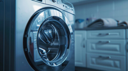 A silver washing machine is in a kitchen. The door is open and the machine is full of clothes