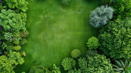 Aerial View of Grass. Green Field with Footpath and Trees in Garden Setting