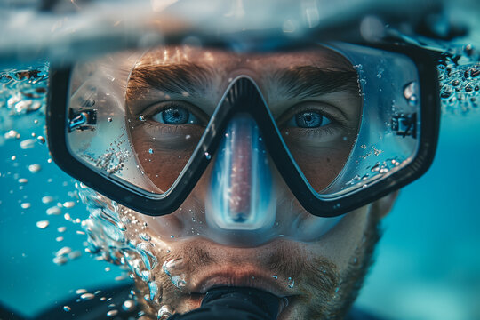 Close-up view of a diver face with mask and snorkel. Generative AI image