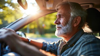 A man is driving a car with a woman in the passenger seat. The man is smiling and he is enjoying the ride - Powered by Adobe