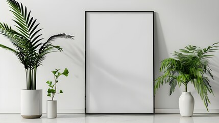 An interior poster mock-up featuring a white wall background, a vertical metal frame, and plants in a vase. rendering in three dimensions. 