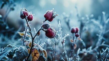 A close up of a bunch of red berries covered in frost. Concept of stillness and tranquility, as the frosty berries are surrounded by a quiet, snowy landscape - Powered by Adobe