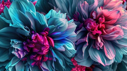 A colorful bouquet of flowers with blue and pink petals. The flowers are arranged in a way that creates a sense of movement and energy. The colors are vibrant and eye-catching