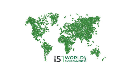 World environment day. World map made of green leaf. Concept design for World environment day, Sustainability development, Ecology, Eco friendly concept. Vector illustration.