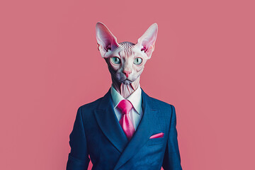 Sphynx cat hybrid in suit against a pink backdrop. Generative AI image