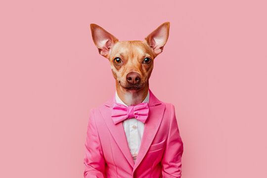 Elegantly dressed Chihuahua in a pink tuxedo on a pink background. Generative AI image