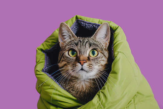 Cat wrapped in green jacket looking curiously at the camera. Generative AI image
