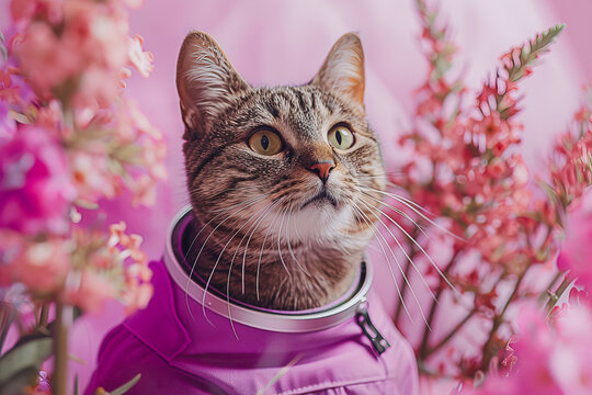 Cat in a medical coat looks at flowers. Generative AI image
