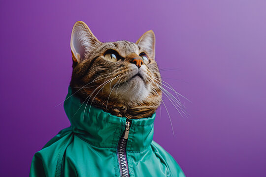 Cat in green jacket looking up against purple background. Generative AI image