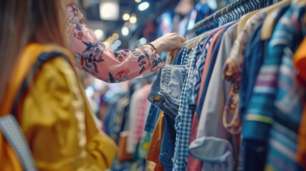 A woman is shopping for clothes in a store. She is looking at a rack of clothes and picking out a shirt
