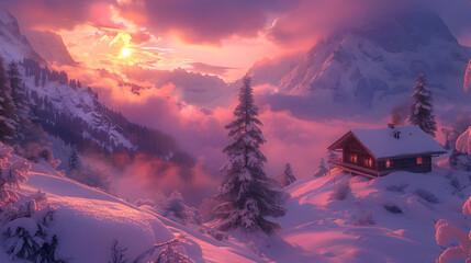 winter sunset in the mountains