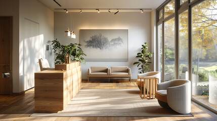 Scandinavian reception, light wood furniture, minimalist desk, nature-inspired artwork