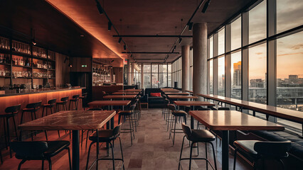 photo of warm welcoming cafe restaurant shop with wooden tables and dim light, comfy urban indoors