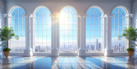 A luxurious, spacious room with large, ornate windows providing a panoramic view of a bustling cityscape under a clear sky