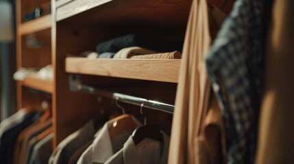 A wooden closet with clothes hanging on the racks. The clothes are neatly arranged and the closet is well organized