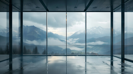 Cloud-covered mountains visible through the large windows of a modern, minimalist office interior.