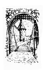 Gate of a Medieval Castle. Watercolor Illustration