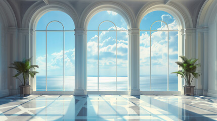 Classic styled office with large arching windows showcasing a breathtaking ocean view under a clear sky.