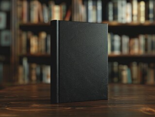 A black leather bound book sits on a wooden table. The book is titled "The Art of Magic" and is surrounded by a library of books. Scene is one of curiosity and wonder